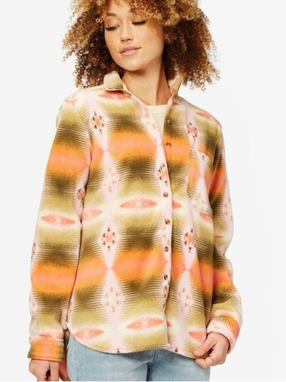 Billabong Western Aztec Patterned Button-Front Teddy Fleece Sweater Shirt - M